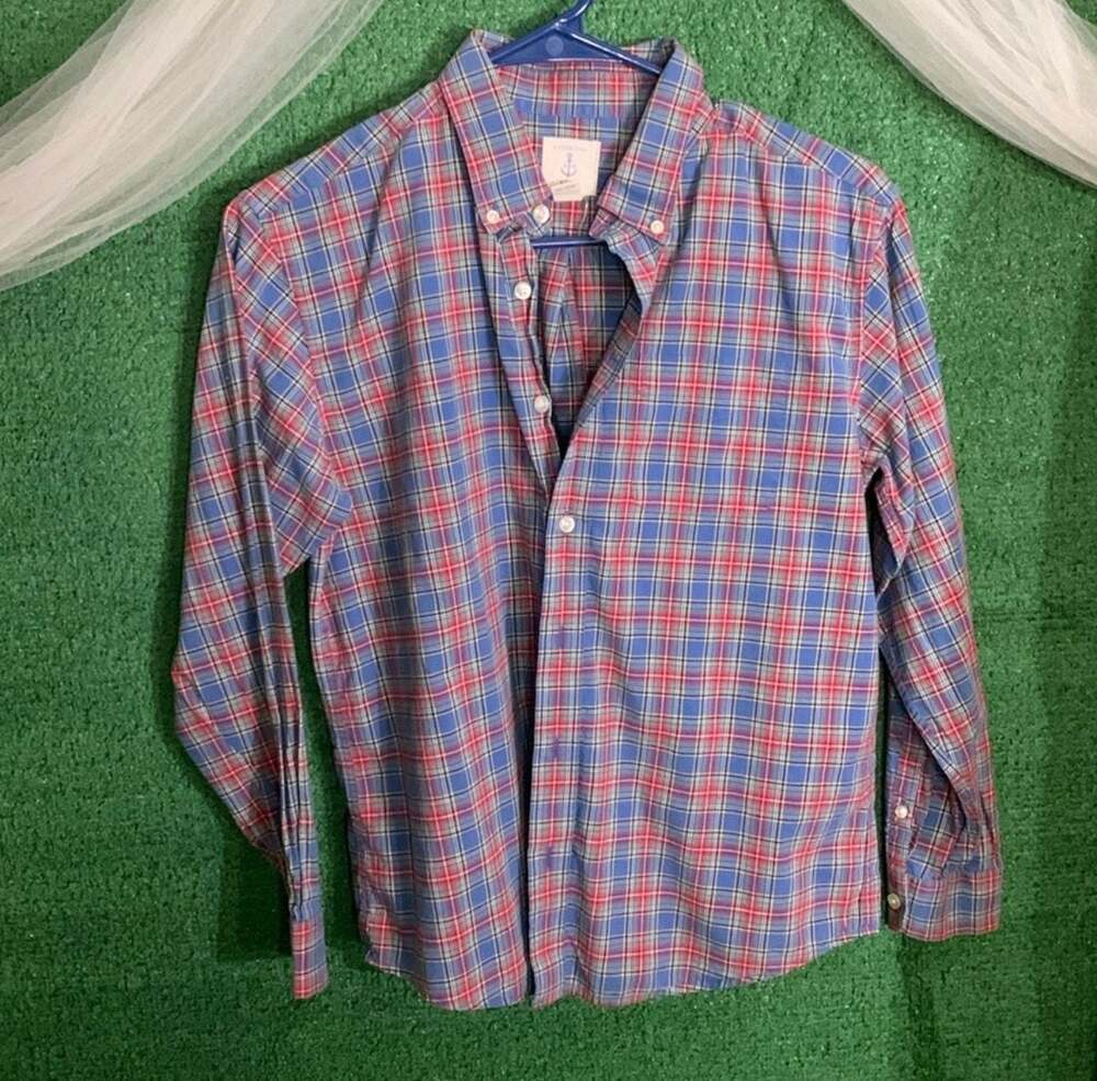 Lands' End Kids Red & Blue Plaid Long Sleeve Button Down Size M Husky